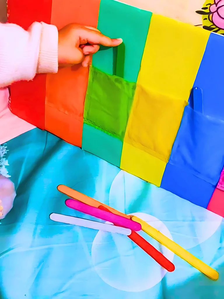 playing with DIY popsicle color sorting pockets