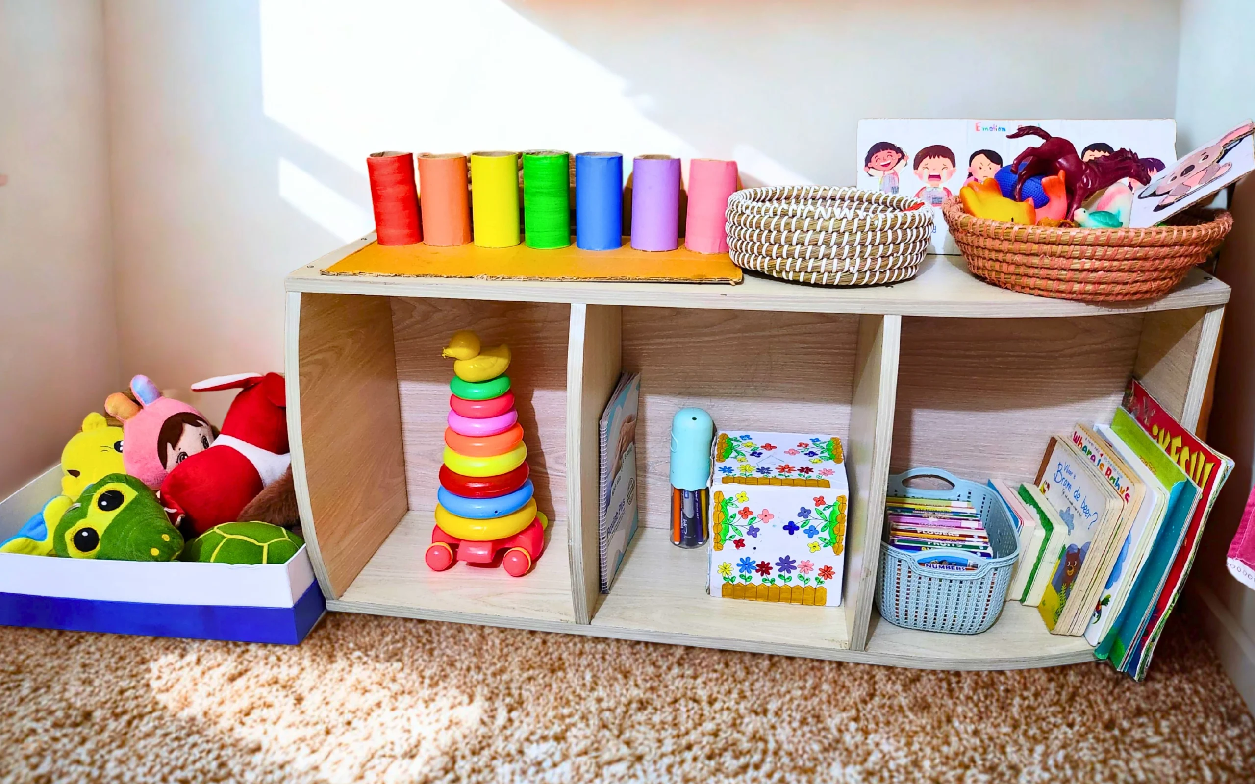 toys are placed on a shelf 