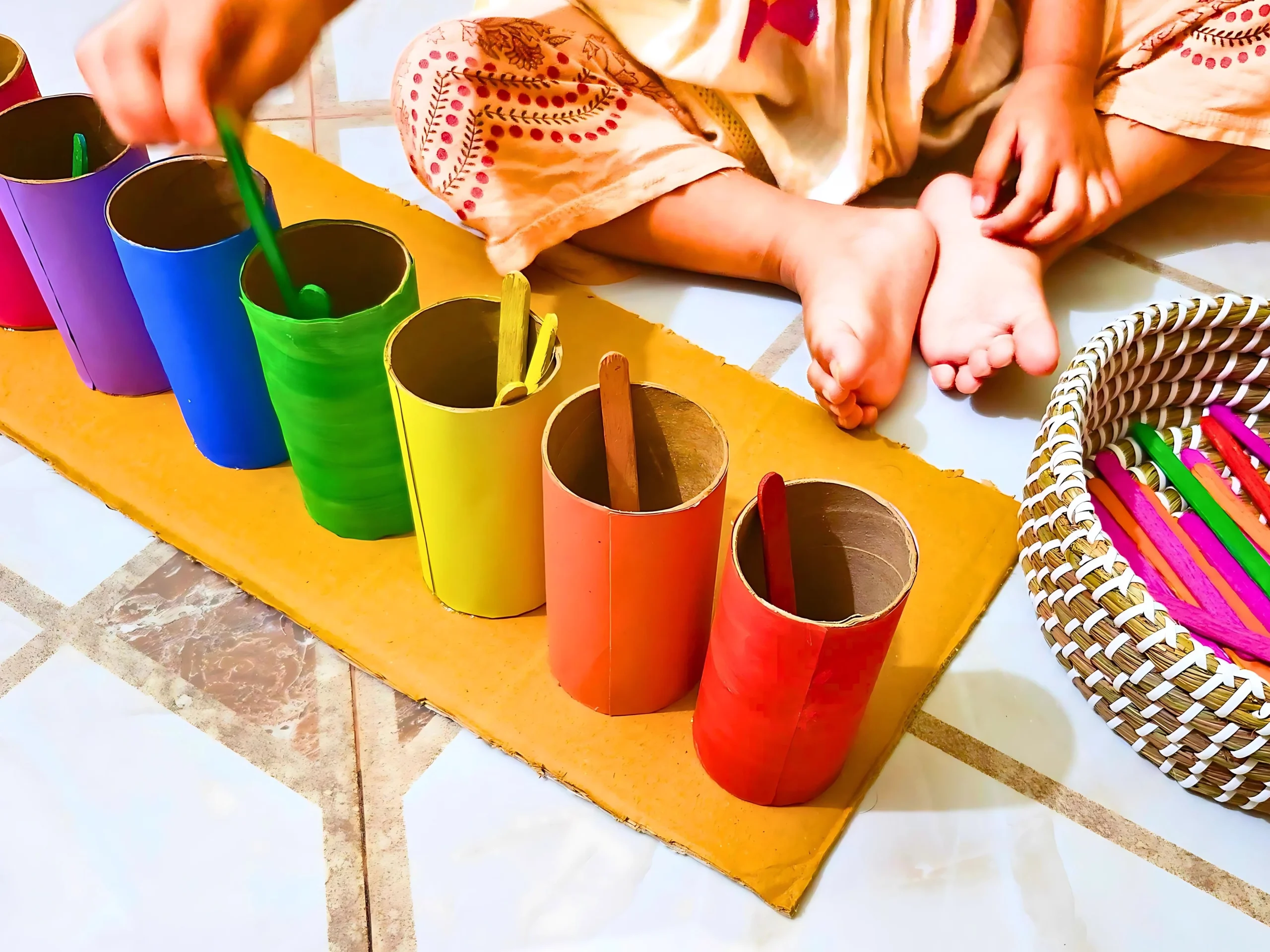 a toddler is playing with DIY toilet paper roll color sorting activity tray with Popsicles arranged in a basket 