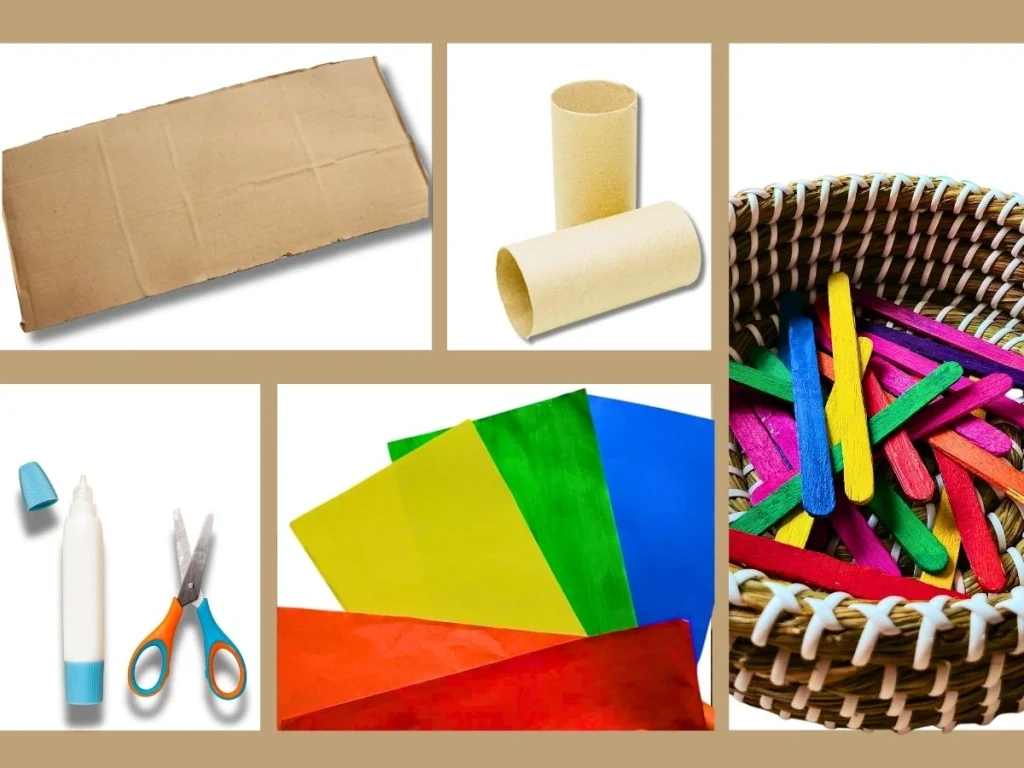 the supplies need to make a DIY color sorting toilet paper roll tray with popsicle sticks